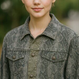 Reversible DG2 BY DIANE GILMAN olive/snakeskin denim jacket cotton blend size L